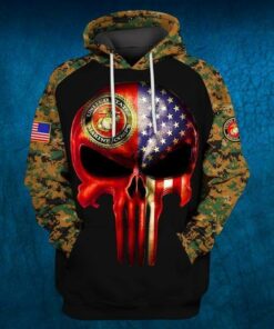 Official U.S.Marine Digital Camo.Pullover Hoodies/Patriotic Punisher Skull & Official Classic Marines Globe & Anchor Emblem/Custom Detailed 3D Graphic Printed/Double Sided All Over Printed Sleeve Designed/Warm Premium Pullover Marines Hoodies