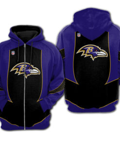 Officially Licensed N.F.L.Baltimore Ravens Team Zippered Hoodies/New Custom 3D Graphic Printed Double Sided Designed/All Over Official Ravens Logos & In Ravens Team Colors/Warm Premium Official N.F.L.Ravens Team/Zippered Up Front Pocket Hoodies