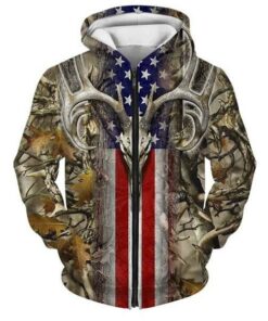 Official Big Trophy Deer Buck Skull & Patriotic Flag Camo.Hunting Zippered Hoodies