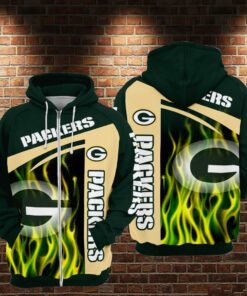 98HD091-Green Bay Packers Zip Up 3D Hoodie Fire NFL Football – Celena Store