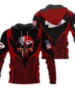 Official N.F.L.Kansas City Chiefs Pullover Team Hoodies & Classic Patriotic Punisher Skull/Official Chiefs Logos & Official Chiefs Classic Team Colors/Detailed 3D Graphic Printed Double Sided Design/Warm Premium N.F.L.Chiefs Pullover Hoodies