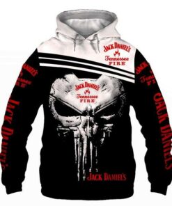 Official Jack Daniel’S Tennessee Fire Whiskey Pullover Hoodies & Classic Punisher Skull/Custom 3D Graphic Printed Double Sided All Over Design/With Black & White Two Tone Colored/Warm Premium Trendy Bar Drinking & Party Pullover Hoodies