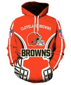 Officially Licensed N.F.L.Cleveland Browns Trendy Pullover Team Hoodies/Nice Custom 3D Effect Graphic Printed Double Sided All Over Official Browns Logos & In Browns Team Colors/Warm Premium Official N.F.L.Browns Team Pullover Pocket Hoodies