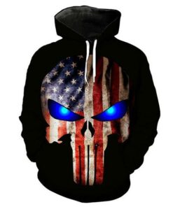 Patriotic Flag Punisher Skull Hoodie & Bright Blue Glowing Eyes/Nice Custom 3D Effect Graphic Printed Double Sided/All Over Design Premium Over Sized Pullover Pocket Hoodies