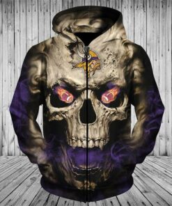 Official N.F.L.Minnesota Vikings Logo Zippered Hoodies/3D Neon Skull & Minnesota Vikings Blazing Football,On Fire In Skulls Eyes,Premium 3D Custom Graphic Printed/Double Sided N.F.L. Vikings Team Colored Warm Zip Up Front Deep Pocket Hoodies