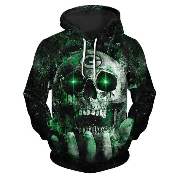Official N.F.L.Green Bay Packers Team Pullover Neon Skull Hoodies/Custom 3D Neon Graphic Printed Double Sided All Over Official Packers Logos & In Packers Team Colors/Warm Premium Official N.F.L.Packers/Trendy New Team Pullover Pocket Hoodies
