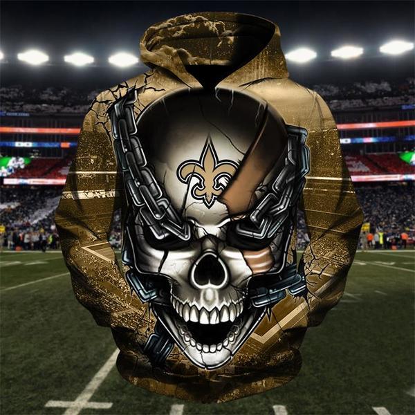 Official N.F.L.New Orleans Saints Team Football Pullover Hoodies & Saints Team Logo Skull/New Orleans City Chains,Nice Custom 3D Graphic Printed Double Sided Team Logos & All Over Printed Design/Official Saints Football Team Pullover Hoodies