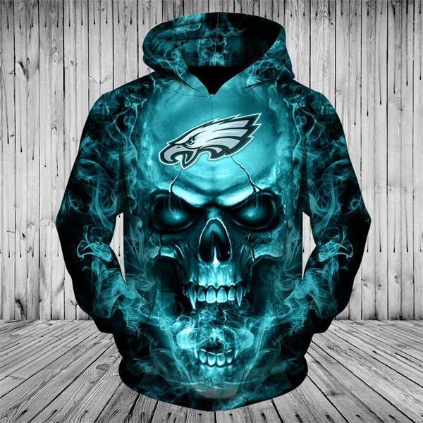 Official N.F.L.Philadelphia Eagles Team Neon Skull Pullover Hoodies/Custom 3D Neon Graphic Printed Double Sided All Over Official Eagles Logos,In Eagles Team Colors/Warm Premium Official N.F.L.Eagles Team Trendy Pullover Pocket Hoodies