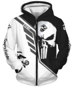 Official U.S.Marine Veterans Zippered Hoodies/The Punisher Skull & Classic Marines Midnight Black & White Skull Design & Official Marines Logos/Nice 3D Custom Detailed Graphic Printed Design/Warm Premium U.S.Marines Military Zippered Hoodies