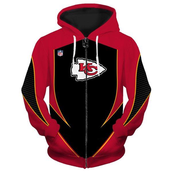Officially Licensed N.F.L.Kansas City Chiefs Team Zippered Hoodies/New Custom 3D Graphic Printed Double Sided Designed/All Over Official Chiefs Logos & In Chiefs Team Colors/Warm Premium Official N.F.L.Chiefs Team/Zippered Front Pocket Hoodies