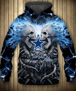 Official N.F.L.Dallas Cowboys Pullover Hoodies/Custom 3D Neon Cowboys Blue Electric Scream’In Skulls Premium 3D Graphic Printed Cowboys Logos & Official Classic Cowboys Team Colors/Double Sided Graphic Printed Design Warm Pullover Team Hoodies