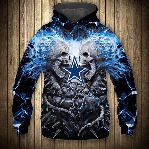 Official N.F.L.Dallas Cowboys Pullover Hoodies/Custom 3D Neon Cowboys Blue Electric Scream’In Skulls Premium 3D Graphic Printed Cowboys Logos & Official Classic Cowboys Team Colors/Double Sided Graphic Printed Design Warm Pullover Team Hoodies