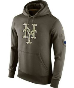 Officially Licensed New York Mets/Official Nike Salute To Service,Dri Fit M.L.B.Hoodies/New York Mets Camo.Logo,Official Nike Symbol & Ribbon On Sleeve Logos/Premium Custom Graphic Printed Official M.L.B.Nike Pullover Olive Hoodies