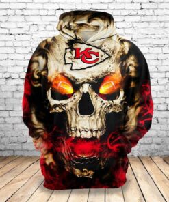 Official N.F.L. Kansas City Chiefs Logo Pullover Hoodies/3D Neon Smoking Skull & Kansas City Chiefs Blazing Football Skull Eyes,Premium 3D Custom Graphic Printed/Double Sided All Over Design,N.F.L.Chiefs Team Colored Warm Pullover Hoodies