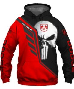 Official Dodge Ram Pullover Hoodies & Classic Punisher Skull/Official Dodge Two Tone Colors & Official Classic Dodge Ram Logos/Nice Custom 3D Graphic Printed Double Sided All Over Design/Warm Premium Custom Dodge Pullover Pocket Hoodies