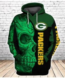 Official N.F.L.Green Bay Packers Pullover Hoodies/Neon Green Packers Tribal Skull/Official Custom 3D Packers Logos & Official Packers Team Colors/Custom 3D Graphic Printed Double Sided Design/Warm Premium N.F.L.Packers Team Pullover Hoodies