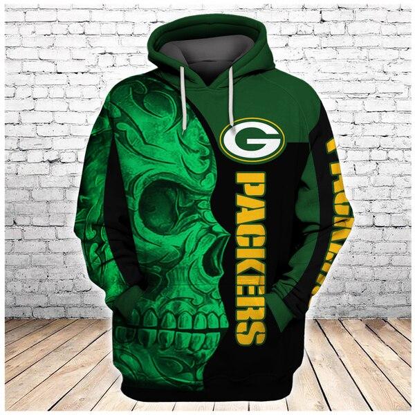 Official N.F.L.Green Bay Packers Pullover Hoodies/Neon Green Packers Tribal Skull/Official Custom 3D Packers Logos & Official Packers Team Colors/Custom 3D Graphic Printed Double Sided Design/Warm Premium N.F.L.Packers Team Pullover Hoodies