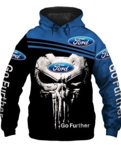 Official Ford Pullover Hoodies/Go Futher & Classic Punisher Skull/Official Classic Ford Emblems/Custom 3D Detailed Graphic Printed Double Sided All Over & Fords Go Futher Graphic Print Sleeve Design/Warm Premium Official Ford Pullover Hoodies