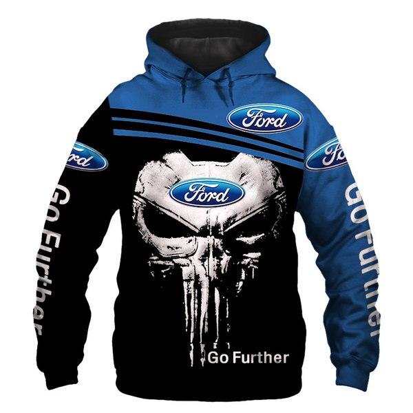 Official Ford Pullover Hoodies/Go Futher & Classic Punisher Skull/Official Classic Ford Emblems/Custom 3D Detailed Graphic Printed Double Sided All Over & Fords Go Futher Graphic Print Sleeve Design/Warm Premium Official Ford Pullover Hoodies