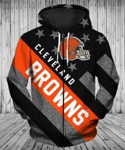 Official N.F.L.Cleveland Browns Trendy Patriotic Zippered Team Hoodies/Nice Custom 3D Effect Graphic Printed Double Sided All Over Official Browns Logos & Classic Browns Team Colors/Warm Premium Official N.F.L.Browns Team Zippered Hoodies