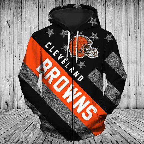 Official N.F.L.Cleveland Browns Trendy Patriotic Zippered Team Hoodies/Nice Custom 3D Effect Graphic Printed Double Sided All Over Official Browns Logos & Classic Browns Team Colors/Warm Premium Official N.F.L.Browns Team Zippered Hoodies