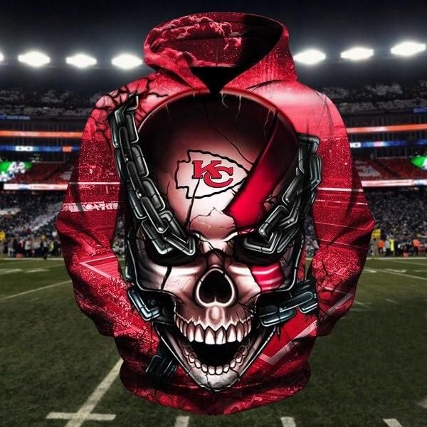 Official N.F.L.Kansas City Chiefs Team Football Pullover Hoodies & Chiefs Team Logo Skull/Kansas City Chiefs City Chains Custom 3D Graphic Printed Double Sided Team Logos & All Over Printed Design/Official Chiefs Football Team Pullover Hoodies