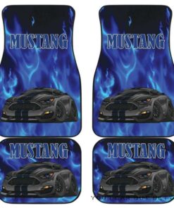 Black Ford Mustang Blue Flames Front And Rear Car Floor Mats Set Of 4 Pcs 100704