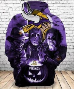 Freddy Jason Michael Myers Loves Minnesota Vikings Pumpkin Head Halloween 3d Hoodie